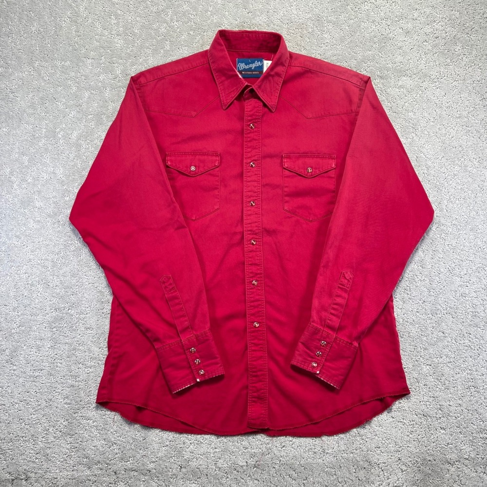 VINTAGE Wrangler Western Shirt Mens Large Red Faded Distressed Pearl Snap Cotton